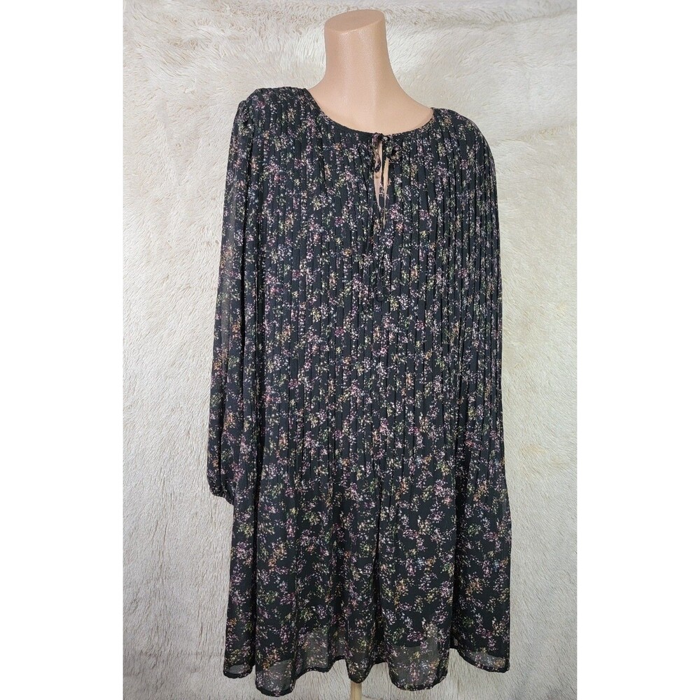 A New Day Womens Size XL Dress Black Floral Shift Pleated Balloon Sleeve Lined L